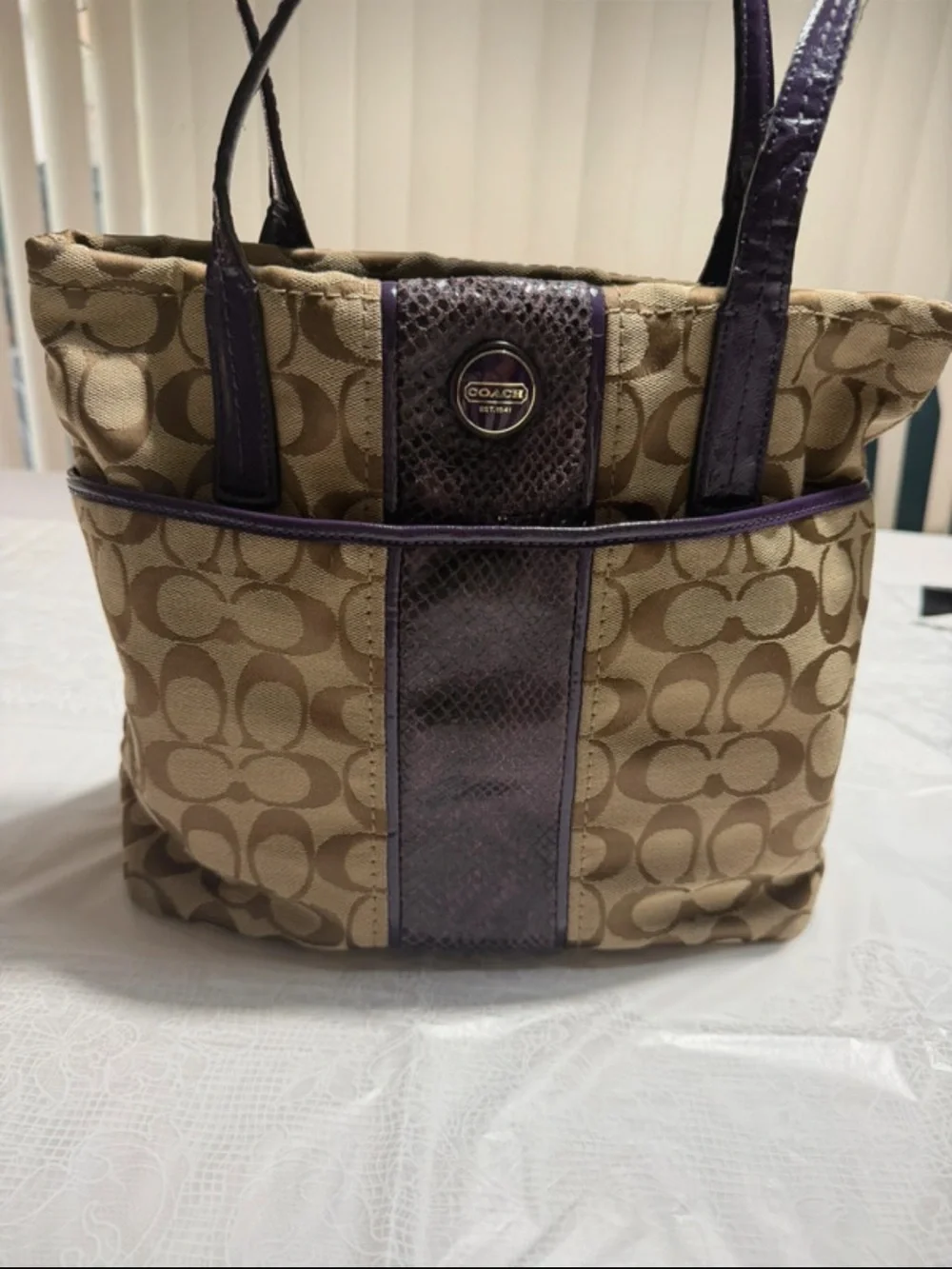 Coach Khaki Signature Canvas Tote with Purple Trim